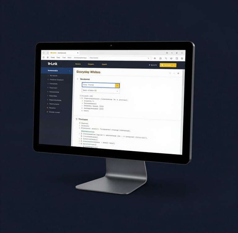 Sleek editorial technology photography of high-fidelity website wireframes and clean code on a monitor, dark navy background, sharp gold and blue accents, 35mm