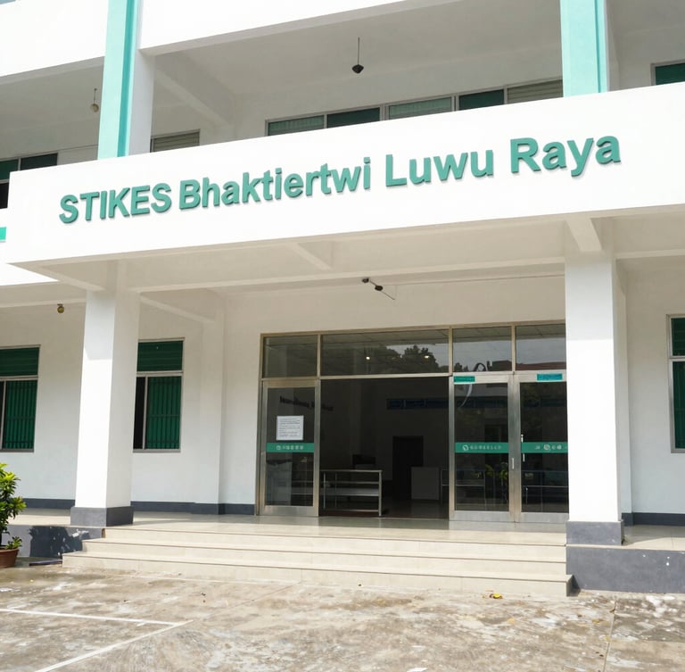 Bright clinical photography of STIKES Bhakti Pertiwi Luwu Raya campus building exterior, natural daylight, professional editorial style, 35mm