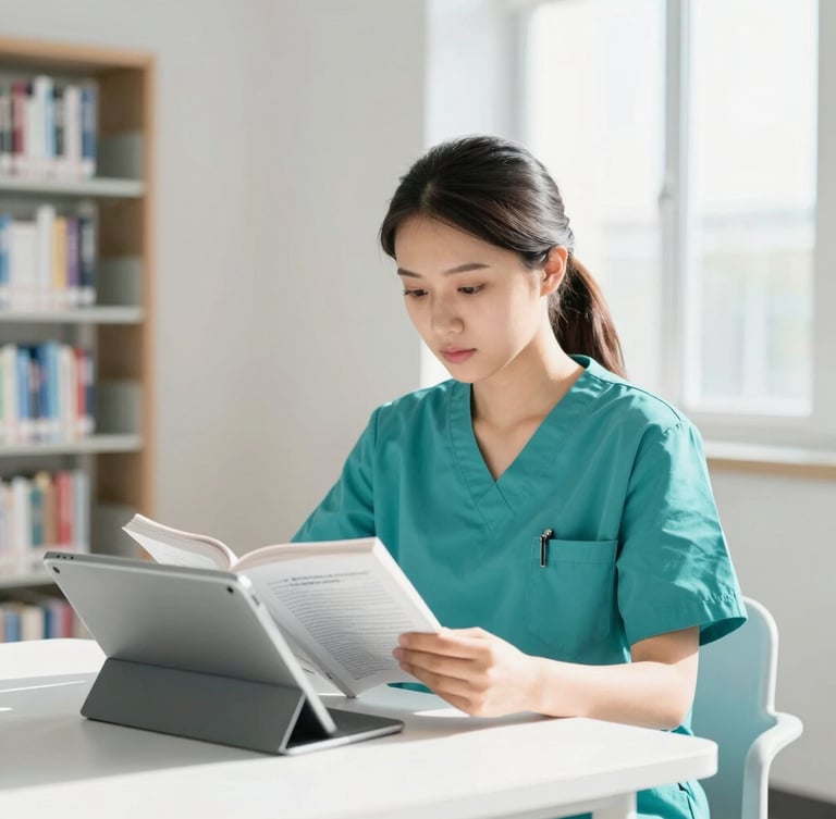 A bright, clean library interior with a local female nursing student in a teal uniform reading a medical textbook on a modern tablet, soft natural daylight streaming through window, professional editorial style, 35mm