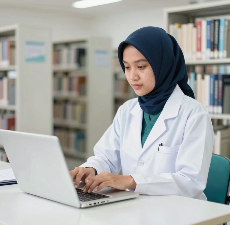 Bright clinical photography of an Indonesian health student in a clean white lab coat operating a modern laptop in a well-lit library, sharp focus, professional editorial style, 35mm