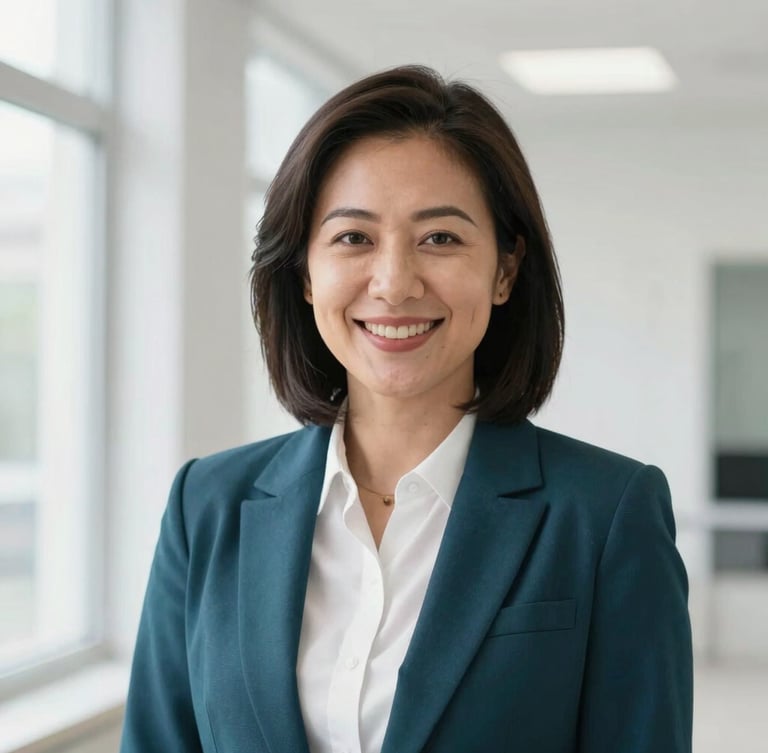 Professional portrait of a female academic leader in formal attire, smiling warmly, clean academic background, bright clinical daylight framing, 35mm