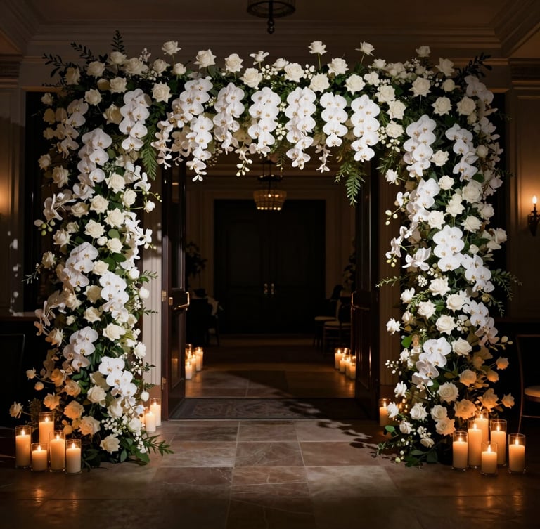 Dramatic wide-angle shot of a grand wedding venue entrance, cascading white orchids and roses under warm candlelight, dark moody shadows, 35mm lens editorial style.