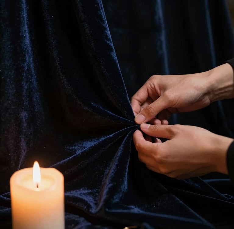 Dramatic close-up of a hands-on styling detail, a hand adjusting a heavy velvet drape next to a glowing candle, dark chiaroscuro lighting, rich shadows, 35mm lens.