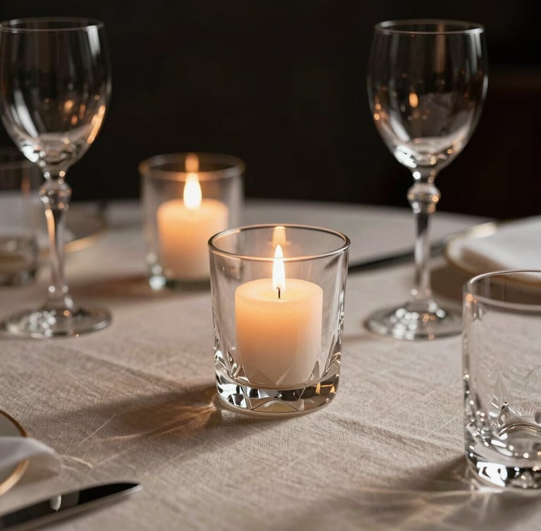 Extreme close-up of a luxury table setting, heavy textured champagne linen, crystal glassware catching warm candlelight, deep charcoal background, editorial luxury photography.