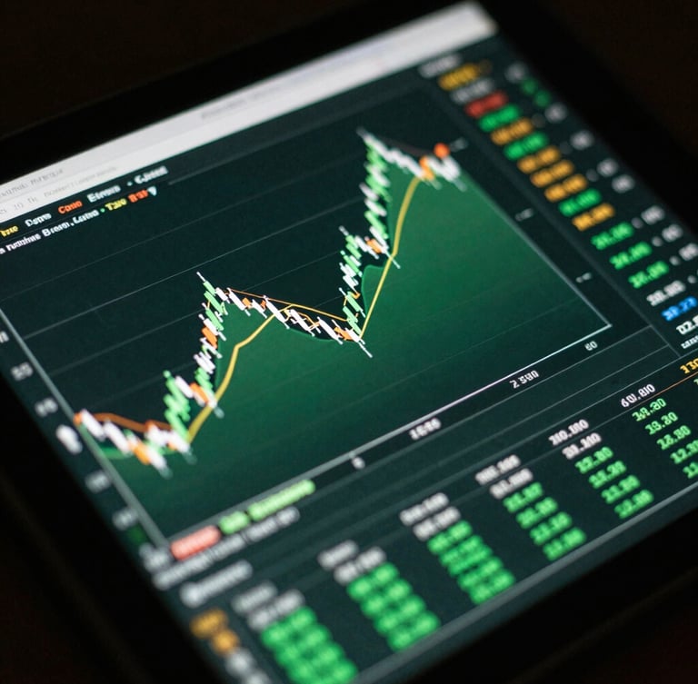 A high-contrast close-up of dynamic trading charts on a dark tablet screen, moody green stage lighting reflecting off the glass, sharp focus, 35mm lens.