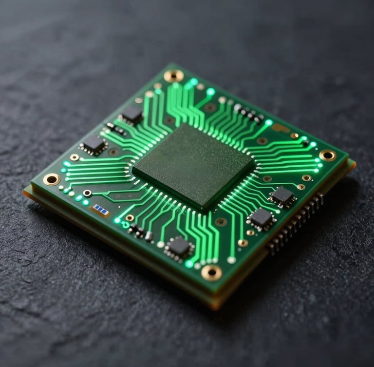 Extreme macro shot of a physical system-on-chip with glowing green circuit traces, low-key studio lighting, high contrast, dark slate background.