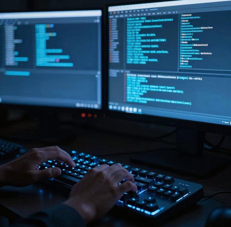 Tight macro shot of an engineer's hands typing on a mechanical keyboard, illuminated solely by the cool blue glow of terminal screens displaying system logs