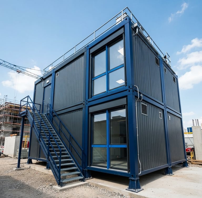 Low-angle architectural shot of a premium converted site office container with dark grey cladding and deep blue steel framing, bright natural daylight, sharp industrial photography