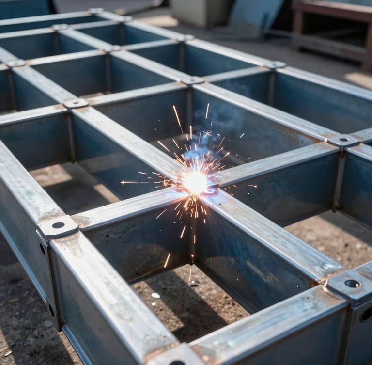 Close-up of industrial steel welding inside a bright workshop, bright sparks illuminating clean structural welds on a heavy-gauge steel container frame.