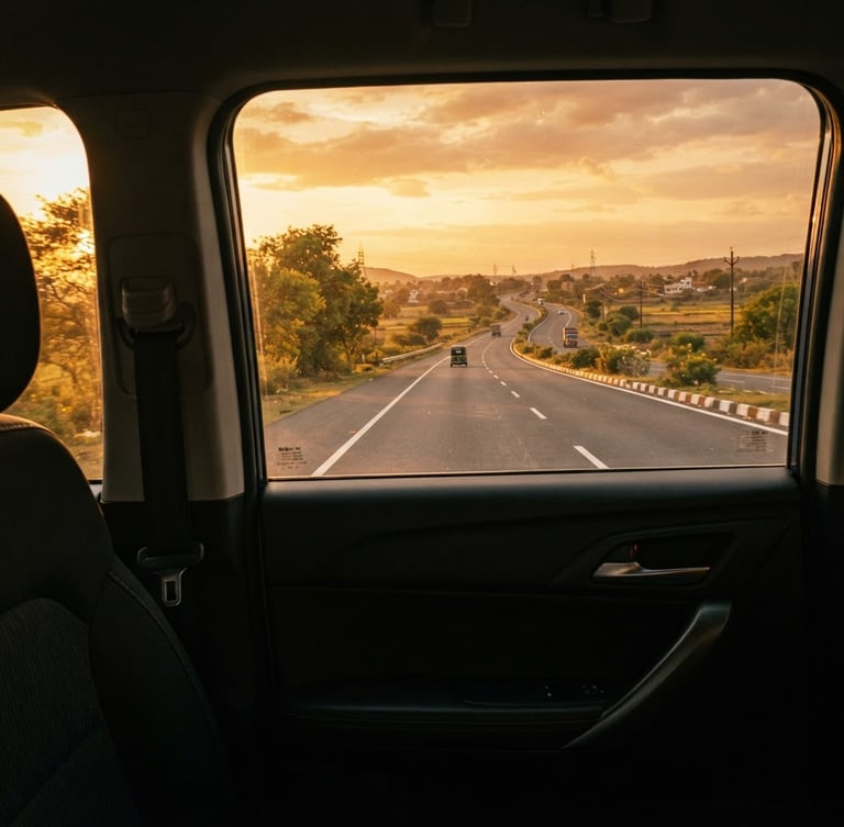 A passenger perspective from inside a clean, modern car looking out at a quiet Indian highway at golden hour, warm lighting.