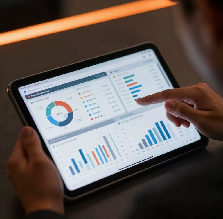 Close-up of a corporate leader analyzing clean financial and digital dashboards on a tablet, high-contrast low-key lighting with orange neon ambient glow.