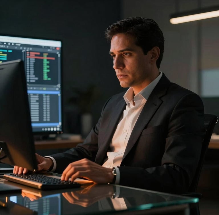 Cinematic medium-close up of a modern corporate executive in a dark, high-contrast office in Guatemala City, warm orange ambient glow reflecting off a glass desk and clean data dashboard, low-key lighting, deep shadows.