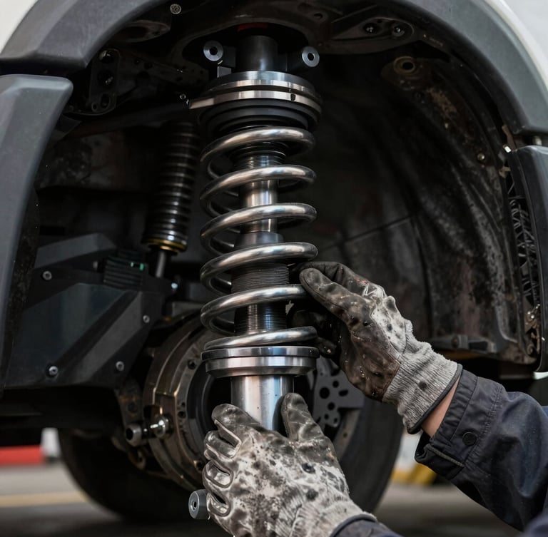Tight macro shot of a mechanic's gloved hand checking a heavy-duty truck suspension under dramatic high-contrast workshop lighting, metallic textures.