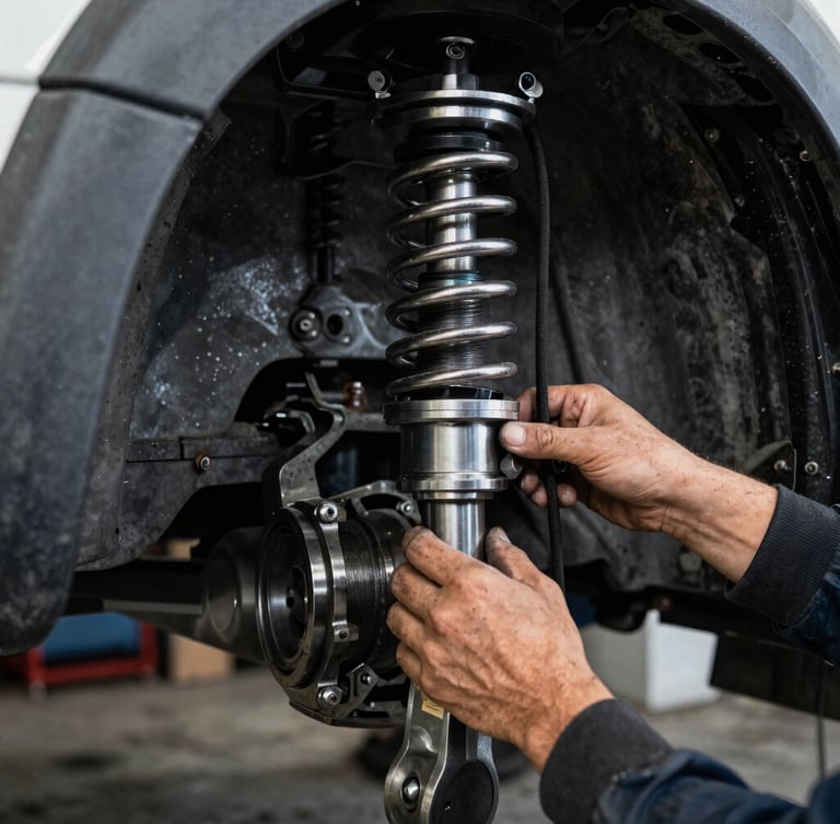 Close-up of a mechanic's hands adjusting a heavy-duty truck suspension, metallic steel surfaces, gritty workshop environment, 35mm lens, high-contrast shadows.