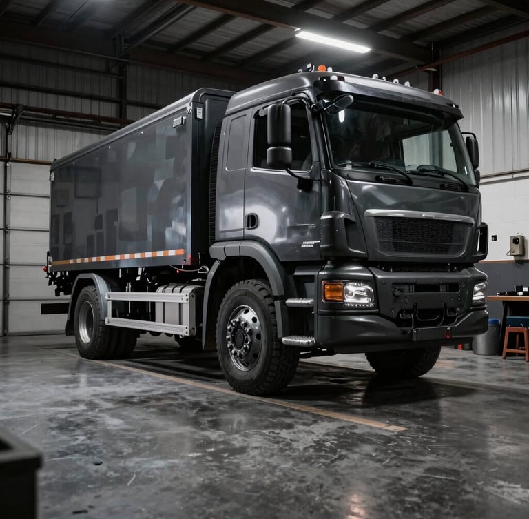 Medium-wide shot of a clean, high-contrast garage bay with a heavy-duty truck on a lift under moody workshop lighting, deep charcoal tones.