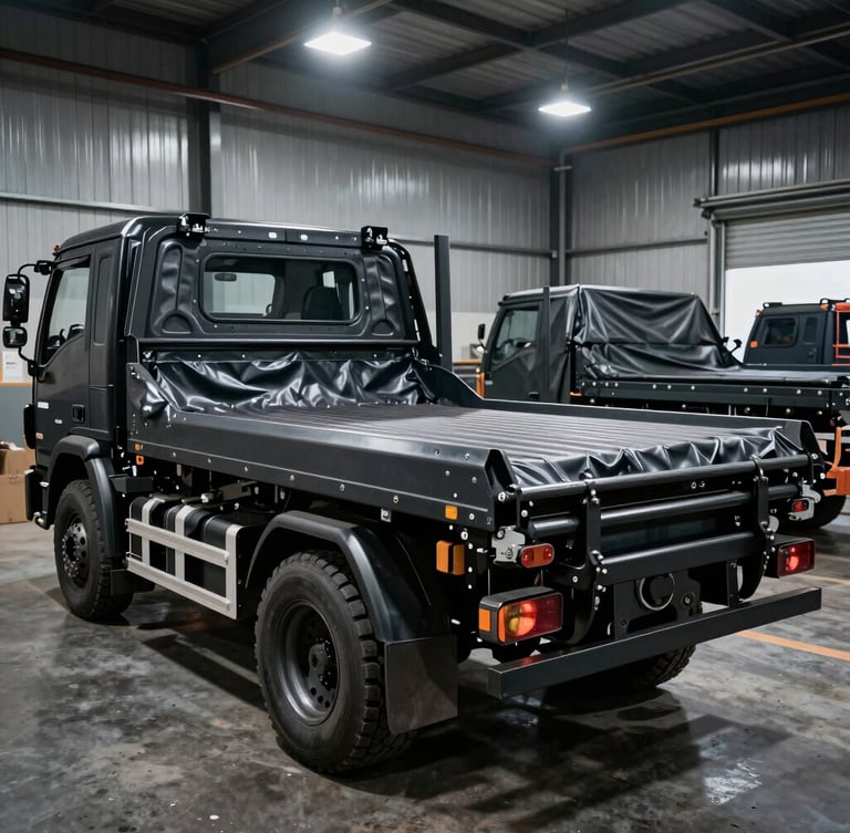 A high-contrast wide shot of stacked heavy-duty truck bedliners and bed covers inside a clean, metallic industrial warehouse, dramatic overhead workshop lighting.