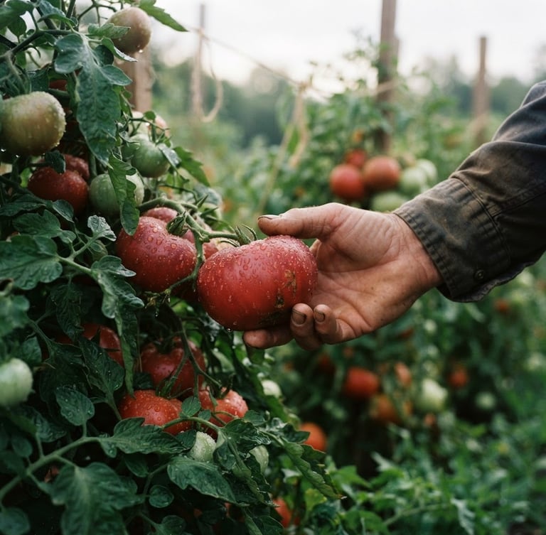 Medium-close shot of dew on heirloom tomatoes at sunrise, hands of a farmer gently inspecting the vine, soft overcast outdoor daylight, rich crimson and forest green tones, shallow depth of field.