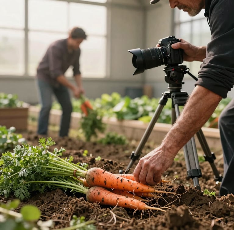 Behind-the-scenes agency work, a photographer with a camera on a tripod capturing a local farmer pulling carrots from the earth, soft natural morning light, tactile storytelling, warm editorial photography.