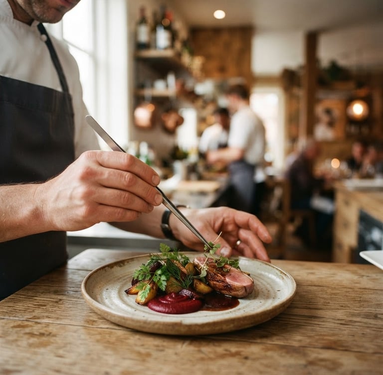 Close-up of chef hands carefully plating a gourmet dish, warm natural window light, shallow depth of field, cozy Scandinavian-style restaurant interior.
