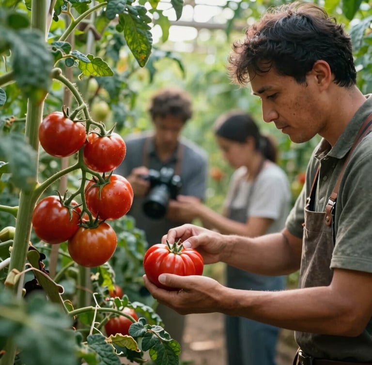 Agency team member with camera, capturing a farmer harvesting heirloom tomatoes in soft morning light, rich forest green and crimson tones.