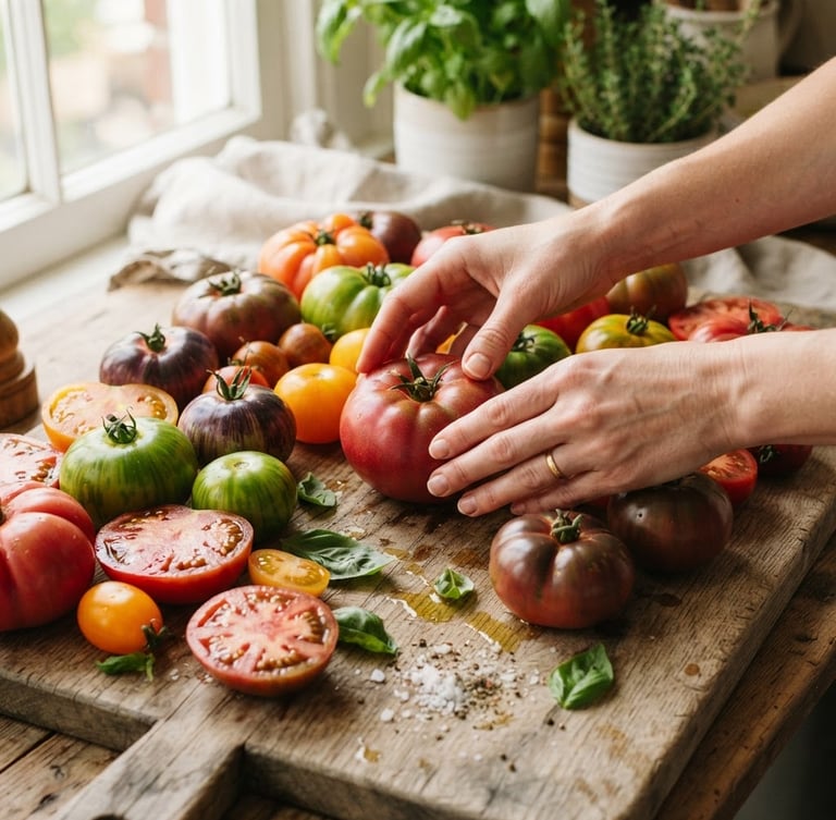 Close-up of hands arranging fresh, vibrant heirloom tomatoes on a rustic wooden board, a camera with a macro lens focused on them, soft natural window light, warm editorial photography, rich crimson and forest green tones, shallow depth of field.