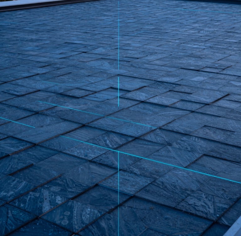 High-angle architectural blueprint-style rendering of a modern geometric roof with perfectly aligned slate-blue shingles, cool twilight lighting, sharp cyan grid lines.