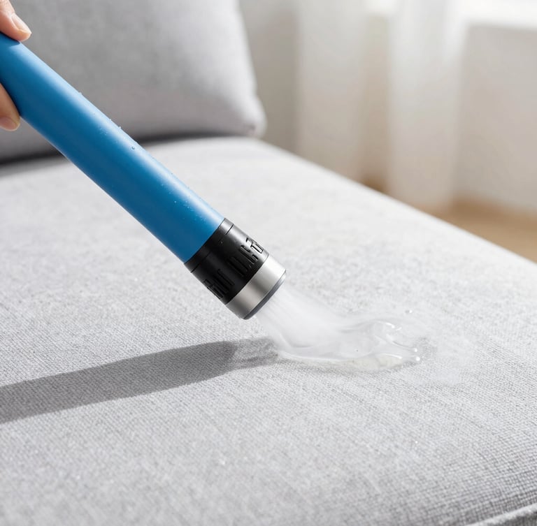Macro professional steam cleaning nozzle extracting dirt from a light grey textured fabric sofa, bright natural daylight, water droplets visible, professional equipment