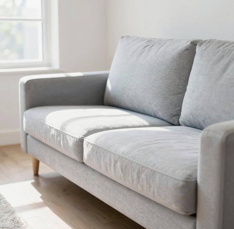 Macro shot of a clean, bright living room with a perfectly sanitized light grey sofa, warm daylight streaming through windows, dust-free atmosphere