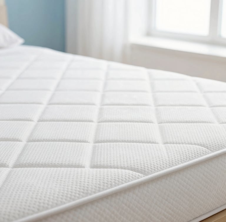 Bright professional macro photography of a clean, sunlit bedroom with a perfectly sanitized white mattress, bright daylight coming through a window, fresh and airy atmosphere, 35mm