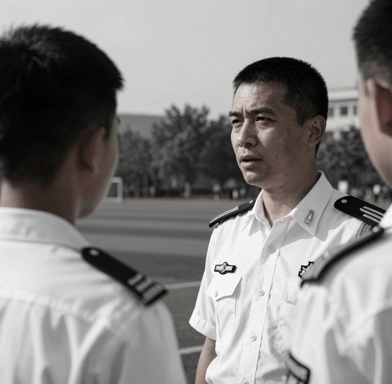 Dramatic editorial portrait of a military officer-instructor in clean uniform talking to a young cadet, high contrast desaturated tones, crisp daylight, 35mm