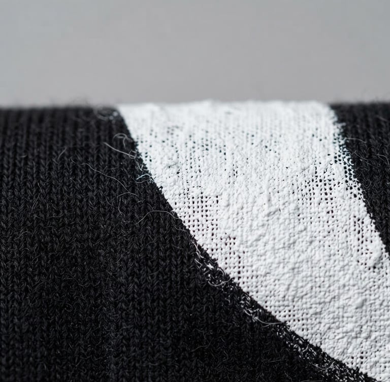 Macro shot of screen printing ink curing on a high-quality black cotton t-shirt, bright high-key studio lighting, sharp focus on fabric texture, clean gray backdrop