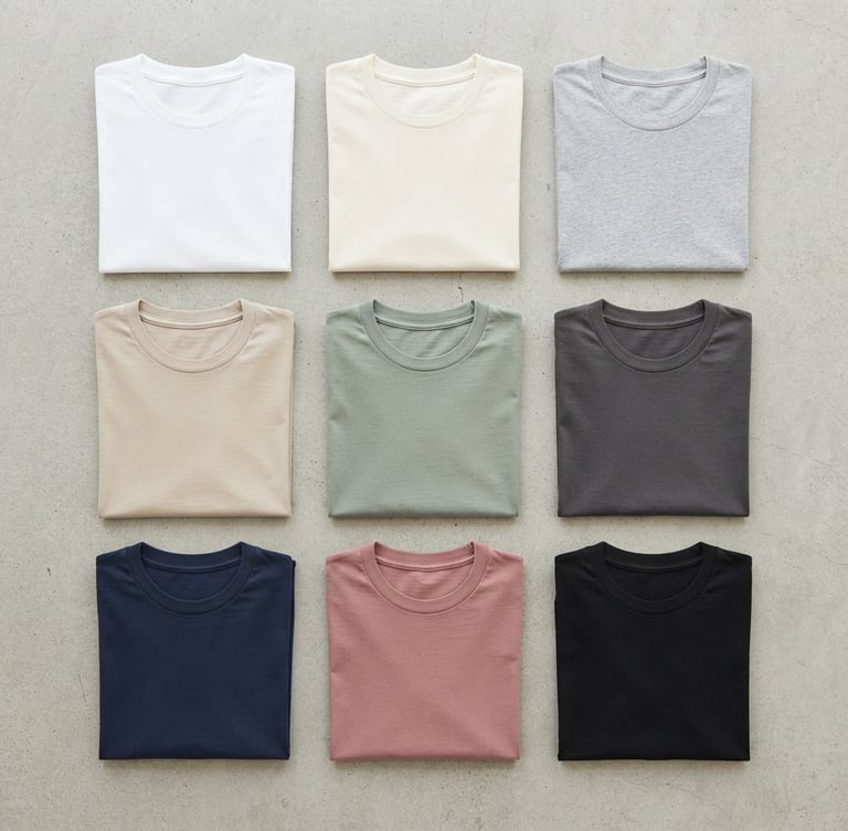 Top-down flat-lay of clean blank cotton t-shirts in various neutral colors, neatly folded on a crisp light grey industrial concrete surface, bright high-key studio lighting, sharp focus