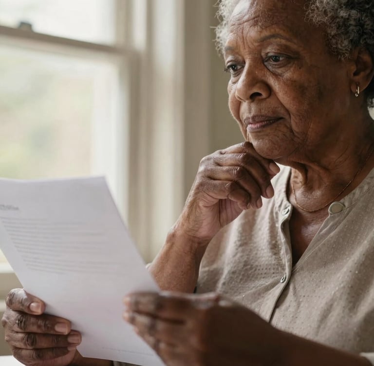 Close-up of an elderly African American woman's hands holding a document, looking thoughtful, warm natural window light, shallow depth of field, 35mm lens.