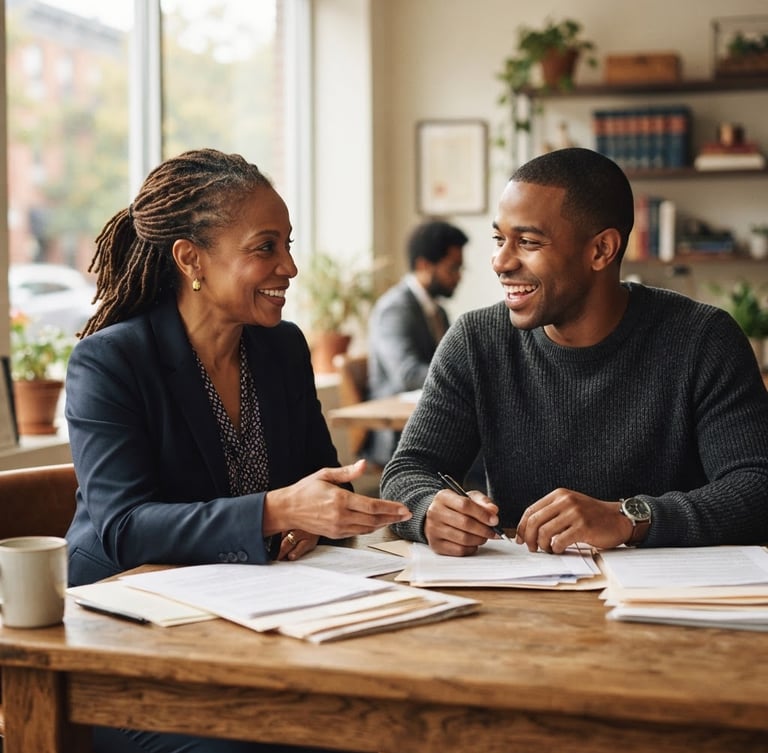African American female advocate speaking with an African American male client, both smiling, seated at a table with documents, warm natural window light, shallow depth of field, 35mm lens.