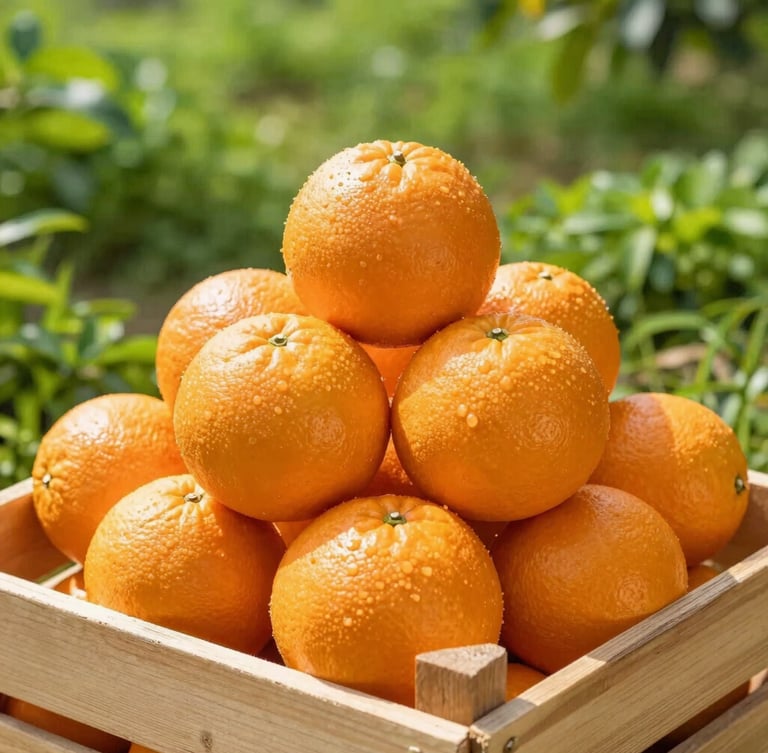 Bright high-key commercial photography of premium Valencia oranges with vibrant orange skin, stacked neatly in a clean export-grade wooden crate, natural morning daylight, sharp focus, 35mm.