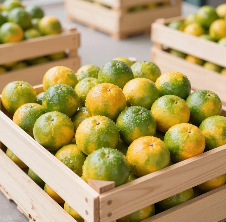 Bright high-key commercial photography of export-grade citrus packed in modern wooden crates inside a clean, temperature-controlled facility, natural daylight, sharp focus.