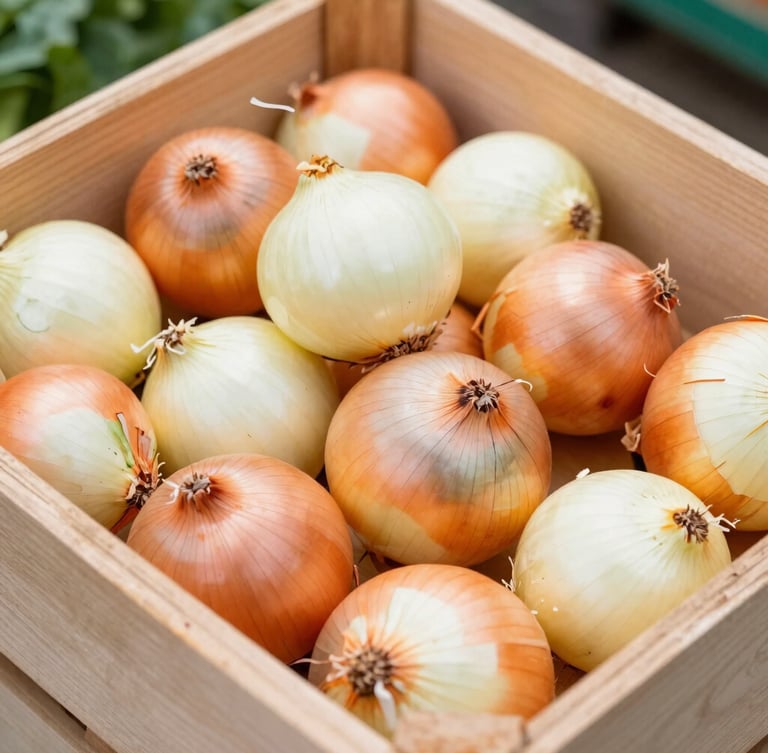 Crisp close-up of export-grade yellow onions in clean wooden crates, bright natural daylight, sharp focus, 35mm
