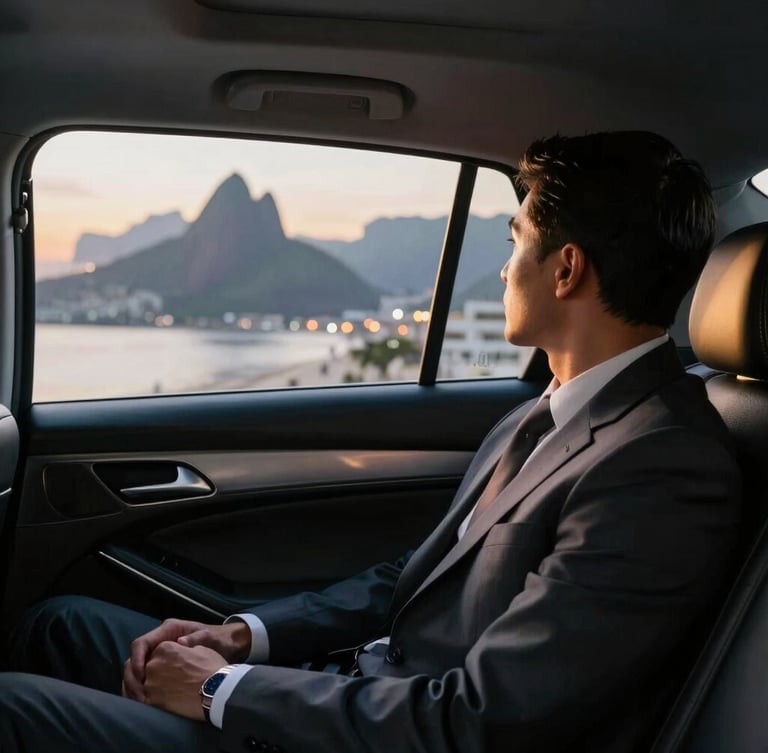 Over-the-shoulder shot from the backseat of a premium black sedan, a passenger in a crisp suit looking out of a clean window showing blurred Rio de Janeiro evening lights, golden hour glow on leather seats.