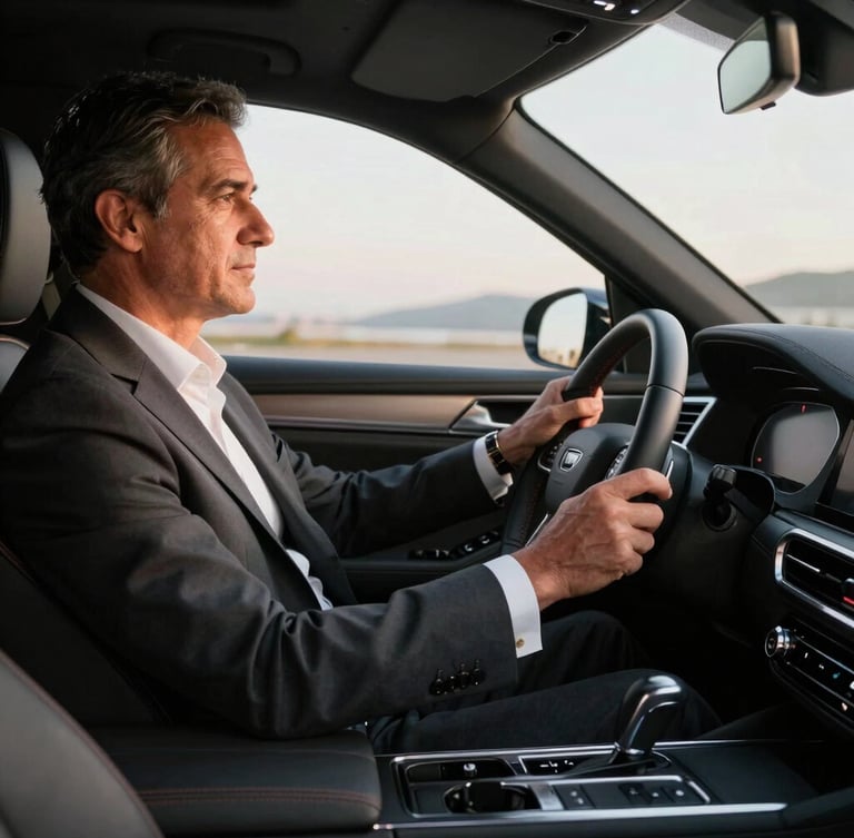 Foco próximo nas mãos de um motorista profissional vestindo terno escuro e camisa branca impecável ao volante de um sedã executivo de luxo, com a iluminação suave do entardecer carioca refletindo discretamente no painel de couro.