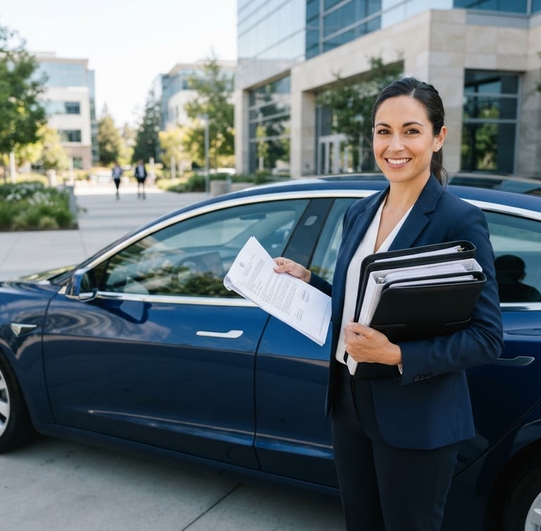 Crisp corporate photography, professional field agent holding organized legal documents next to a clean modern vehicle, bright daylight, Burlingame office background, 35mm