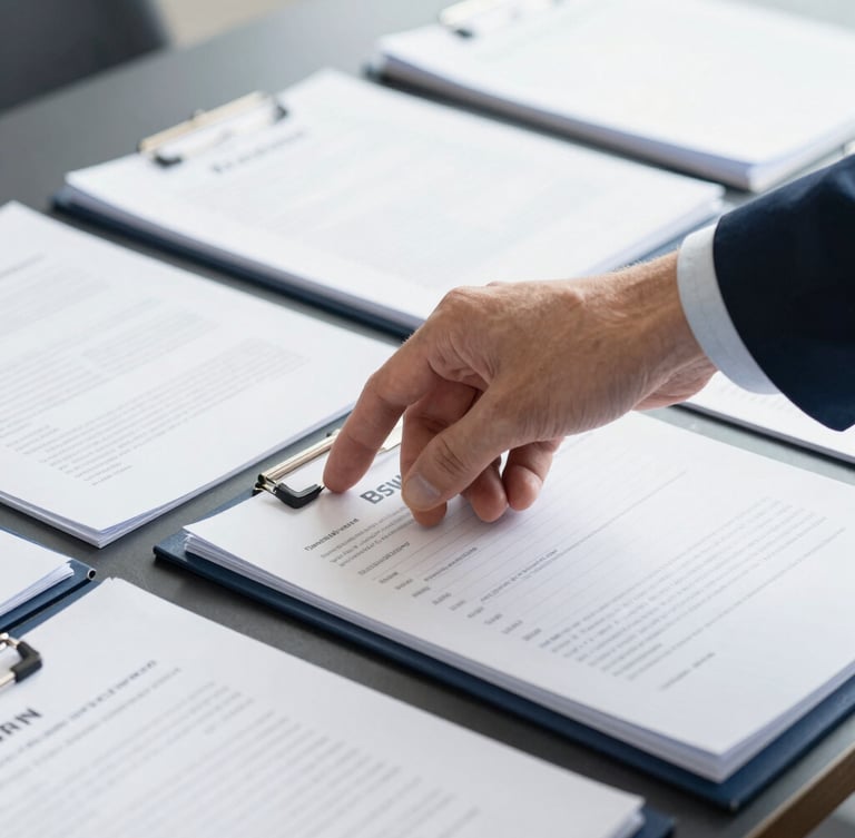 Close-up of organized legal documents with a professional hand-off, bright natural daylight, clean navy and white tones, sharp focus, 35mm