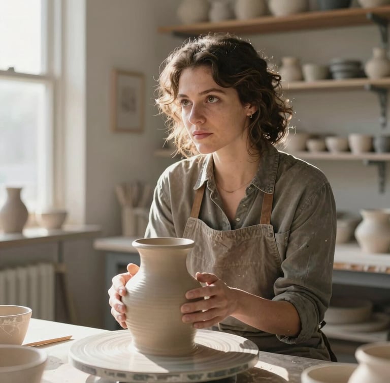 Candid portrait of a female artisan in her sunlit ceramic workshop in Arlington, looking thoughtfully at a clay vase, warm natural morning light, eye-level angle.