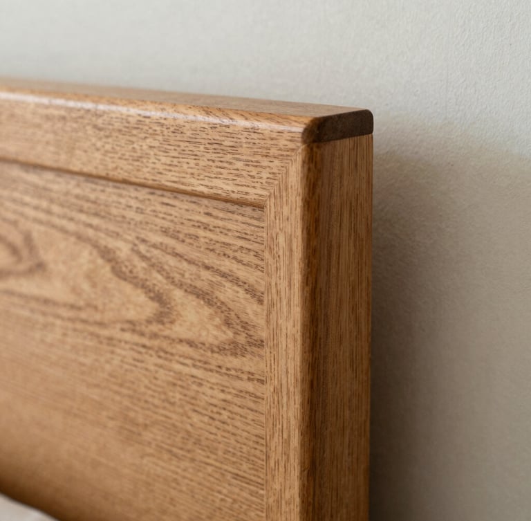 Macro photograph of a hand-sanded timber joint on a bespoke headboard, soft natural side-lighting, rich textured oak grain, shallow depth of field, 35mm