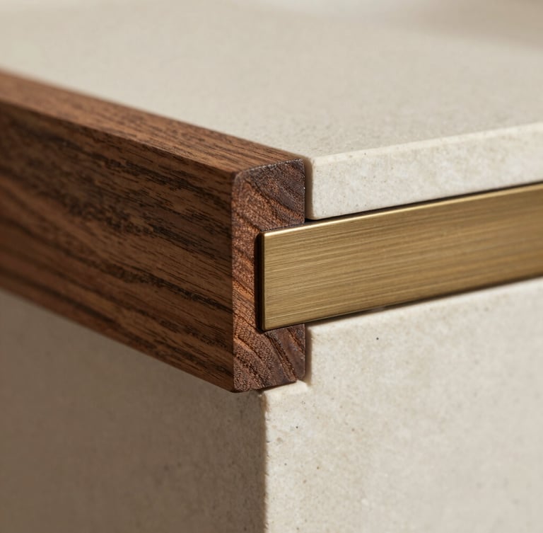 Macro editorial photograph of a hand-sanded dark oak timber joint meeting a brushed bronze fitting, soft natural daylight, shallow depth of field