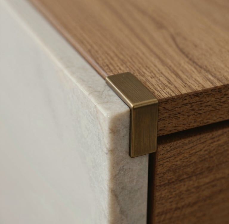 Macro close-up of a chiselled marble edge meeting a seamlessly inset brushed bronze fitting, soft natural side-light, shallow depth of field