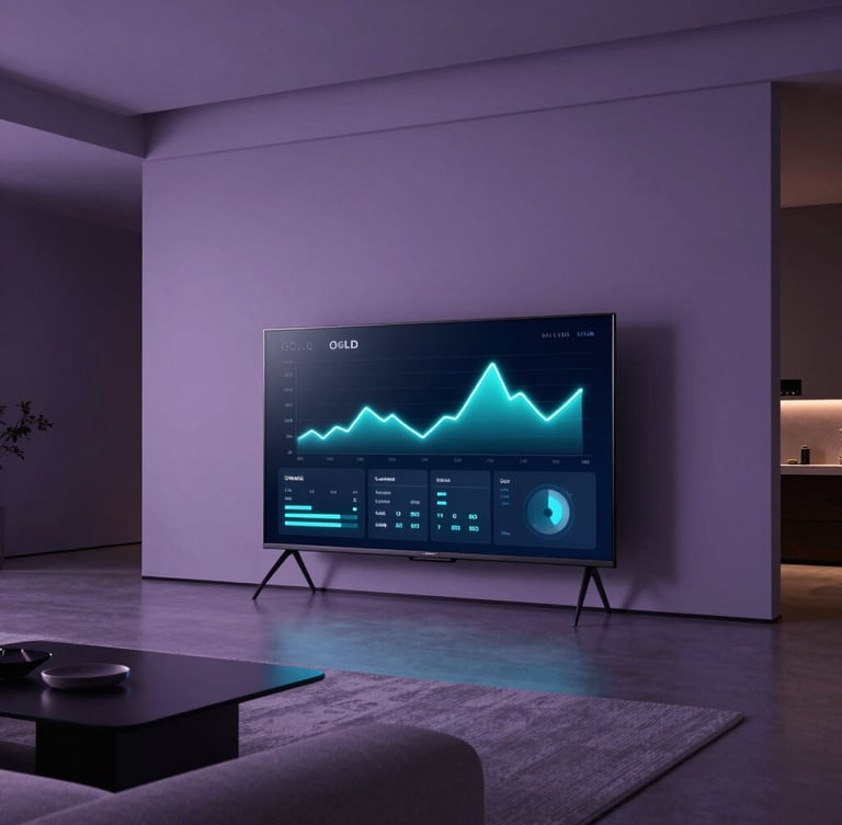 Cinematic wide shot of a luxury minimalist living room at night, a high-end OLED TV displaying a sleek network diagnostics interface with neon-cyan graphs, soft violet ambient lighting, 21:9 framing