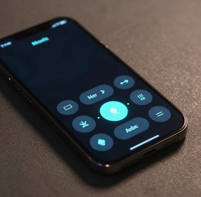 A sleek premium smartphone displaying a dark, glowing media controller interface with neon cyan buttons, soft studio lighting.