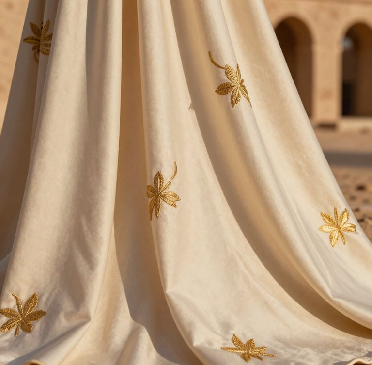 Extreme close-up of heavy silk crepe fabric draping elegantly, catching low-angle warm desert light, highlighting exquisite gold embroidery details, luxury fashion photography