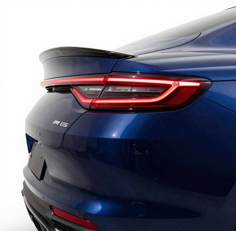 Low-angle vehicle profile in a high-contrast studio, sharp linear LED reflections showing perfect panel curves, technical navy blue shadows, 35mm