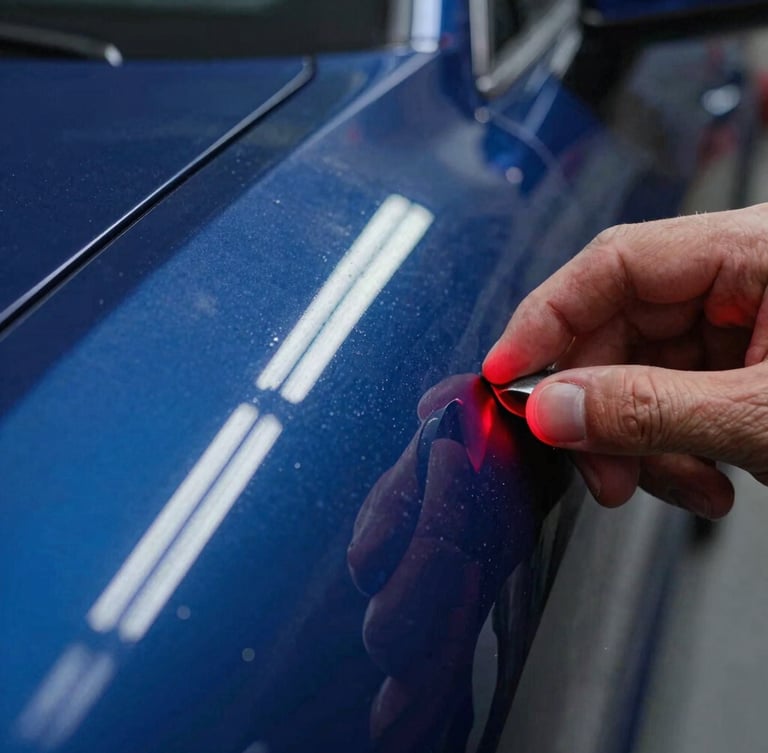 Extreme close-up of a car panel curve under sharp linear LED reflection boards, showing a technician meticulously massaging a dent back to factory line, high-contrast studio lighting, deep blues and reds, ultra-detailed macro focus, 35mm